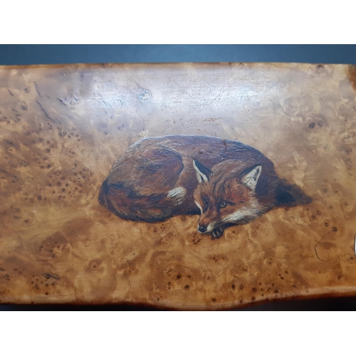 71 - A vintage burr walnut cigarette box with hand painted fox design