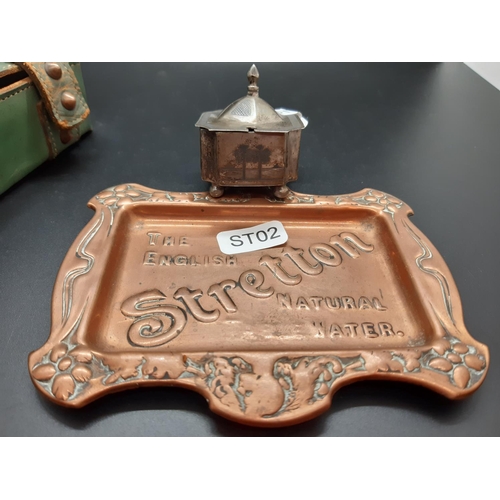 73 - Three items to include an Art Nouveau 'Stretton Natural Table Water' copper advertising soap dish, h... 