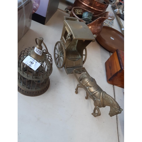 247 - A collection of assorted metalware to include brass bird cage ornament, brass horse and cart, miniat... 