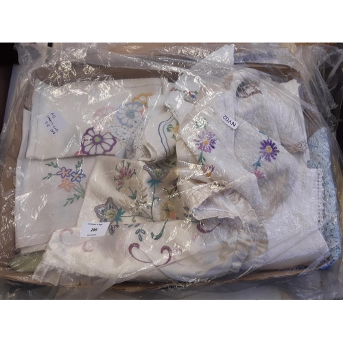 289 - A collection of embroidered linen to include silk pillowcase, table runner etc.