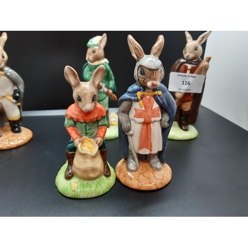 116 - Six Royal Doulton Bunnykins from the Robin Hood collection to include Little John Bunnykins, Maid Ma... 