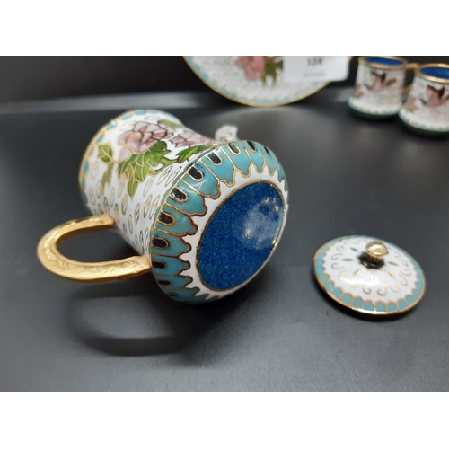 124 - A four piece miniature cloisonné tea set and matching tray - tray measuring approx. 11.5cm