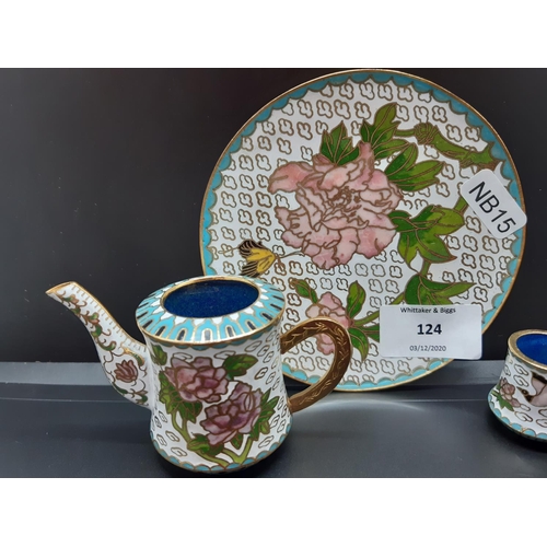 124 - A four piece miniature cloisonné tea set and matching tray - tray measuring approx. 11.5cm