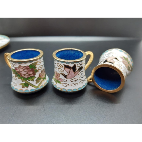 124 - A four piece miniature cloisonné tea set and matching tray - tray measuring approx. 11.5cm