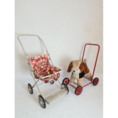 105 - Two items, a vintage push along dog and a vintage Cumfifolda white enamel child's pram