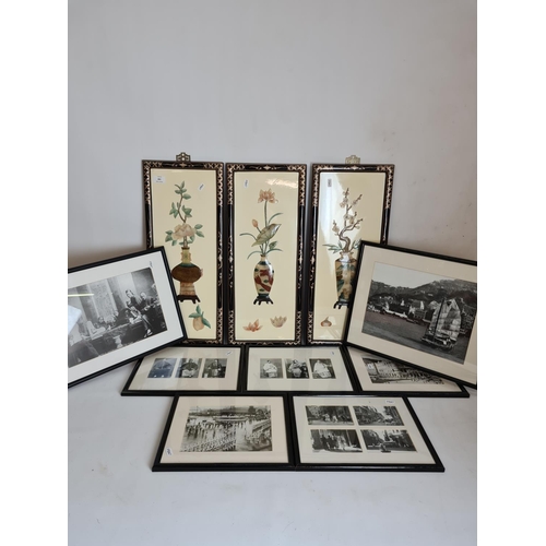 108 - Ten various oriental framed pictures to include three precious stone effect floral panels, black and... 