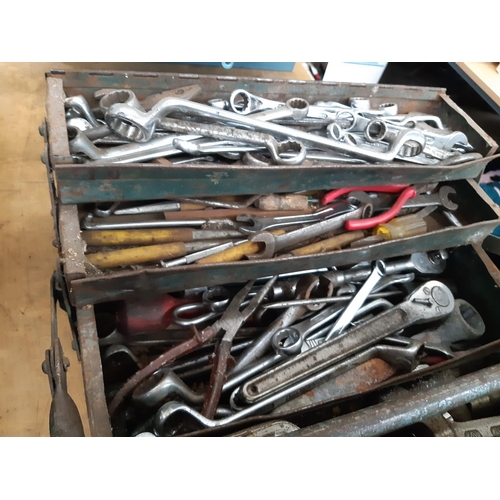 1101 - A blue metal cantilever toolbox containing Gordon, Gedore, Kamasa spanners, Britool sockets, ½