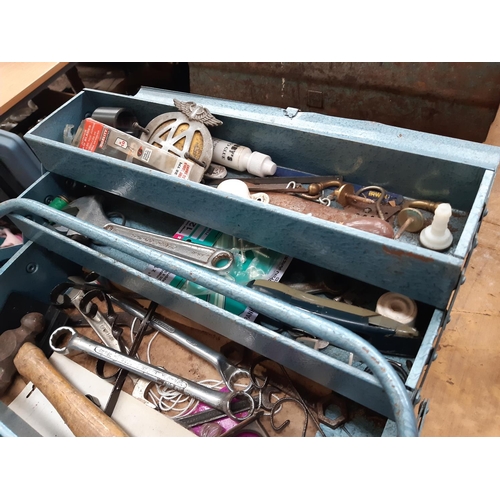 1102 - A blue metal cantilever toolbox containing 1961 AA badge serial no. 9B77933, Bedford and Super Slim ... 