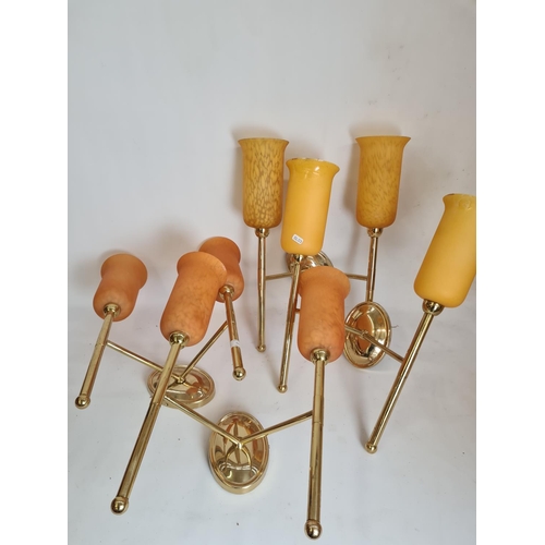 111 - Two pairs of Art Deco style brass two branch wall lights with orange frosted and mottled glass shade... 