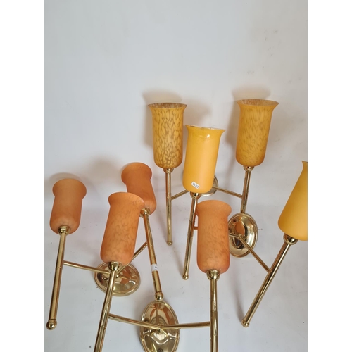 111 - Two pairs of Art Deco style brass two branch wall lights with orange frosted and mottled glass shade... 