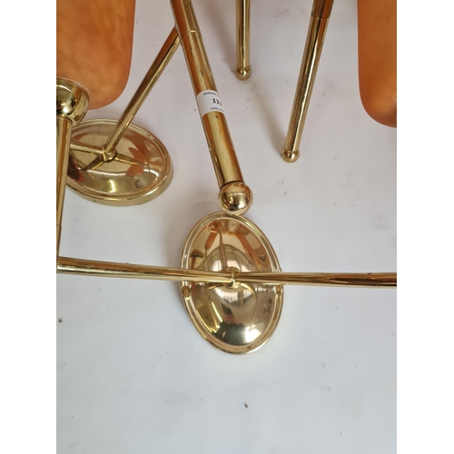 111 - Two pairs of Art Deco style brass two branch wall lights with orange frosted and mottled glass shade... 