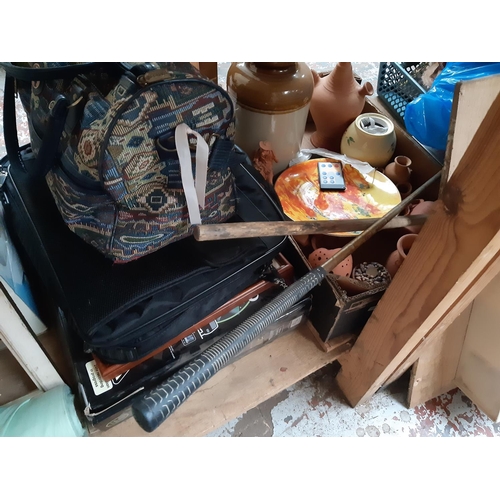 1115 - A mixed clearance lot to include vintage abacus, pictures, tools, salt glazed jar, golf balls etc.