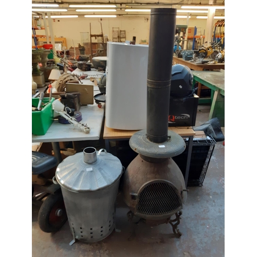 1130 - Two items, one large cast iron chimenea and one galvanised garden incinerator