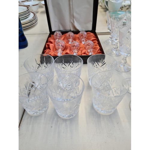 159 - Various glassware to include six Webb lead crystal sherry glasses etc.