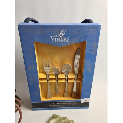 198 - Five items, a boxed Viners 24 piece 18/10 stainless steel cutlery set and four various onyx items