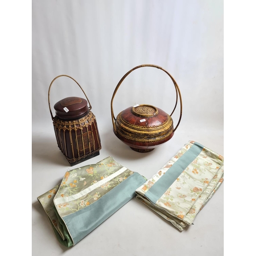 203 - Five Chinese collectable items to include a rice basket, wedding basket, two silk cushion covers and... 