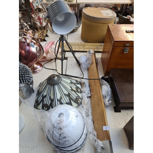 213 - Four items to include a pair of Tiffany style lamp shades (one A/F), grey metal tripod table lamp an... 