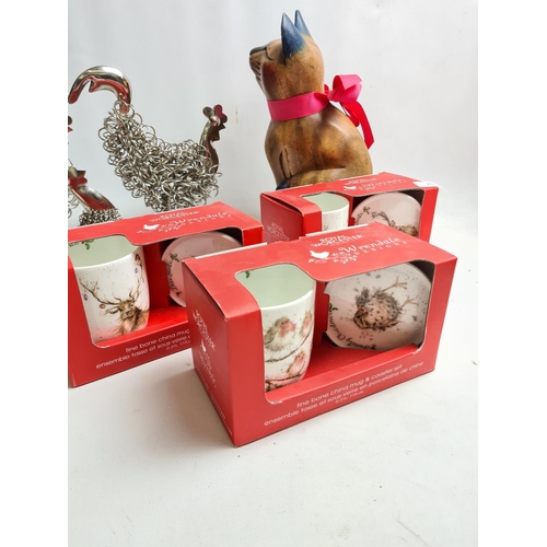 219 - Eight items, three boxed Royal Worcester Wrendale Designs fine bone china mug and coaster sets, thre... 