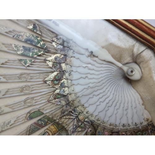 227 - A cased 19th century ivory fan with hand painted peacock design - approx. 62cm wide x 36cm high (inc... 