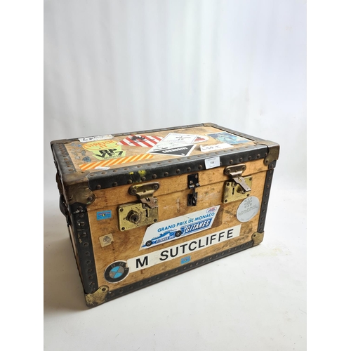 228 - A vintage wooden brass mounted travel trunk - approx. 50cm wide x 30cm high x 30cm deep