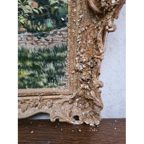 287 - A gilt framed oil on canvas of a cottage scene signed PLH - approx. 75cm x 69cm