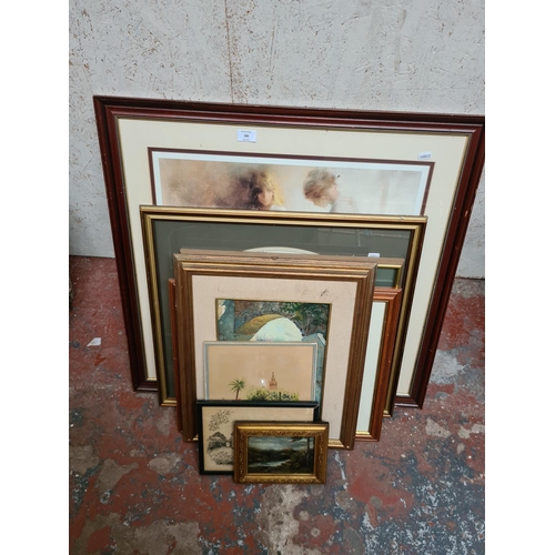 288 - Nine various framed pictures to include a miniature oil painting of a mountain and river scene signe... 