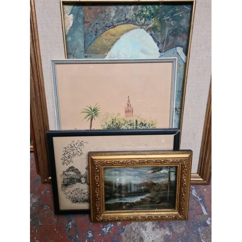 288 - Nine various framed pictures to include a miniature oil painting of a mountain and river scene signe... 