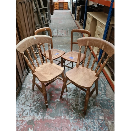 311 - Four chairs to include a pair of Edwardian rattan seated occasional chairs and a pair of pine spindl... 