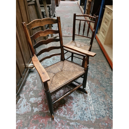 312 - Two 19th century elm farmhouse chairs with rush seats to include one rocking chair