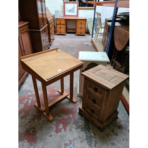 331 - Three items, a mid 20th century ply wood child's single school desk, Mexican pine bedside cabinet an... 