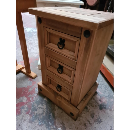 331 - Three items, a mid 20th century ply wood child's single school desk, Mexican pine bedside cabinet an... 