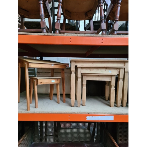 346 - Two vintage plywood child's school desks and a Mexican pine nest of three tables