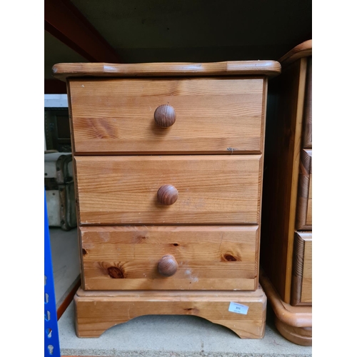 351 - Two items, a pine bedside chest of three drawers and a pine half moon console table