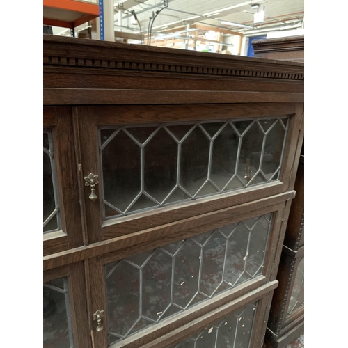 362 - An early 20th century Simpoles Chapter oak and leaded glass three section stacking bookcase - approx... 