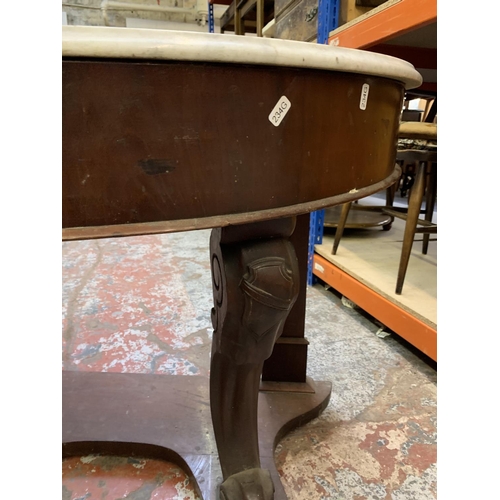 388 - A 19th century mahogany half moon console table with white marble top