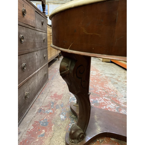 388 - A 19th century mahogany half moon console table with white marble top