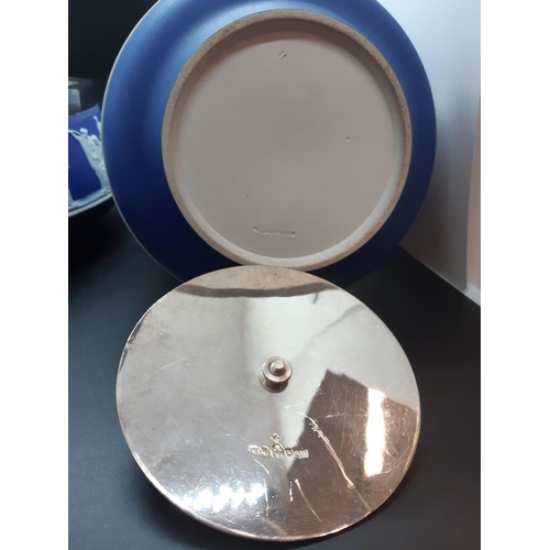 57 - Two pieces of Wedgwood cobalt blue Jasperware to include large bowl with silver plated rim - approx.... 