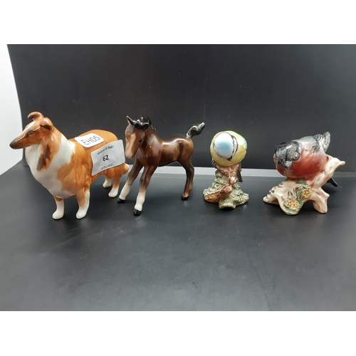 62 - Four Beswick figurines to include Blue Tit - model no. 992, Bullfinch - model no. 1042, Brown Foal a... 