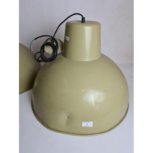 78 - A pair of industrial style mint green pendant ceiling lights - approx. 52cm in diameter