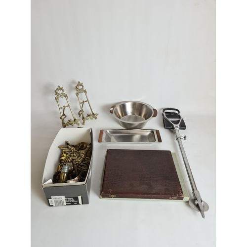 83 - Assorted metalware to include horse brasses, Danish stainless steel tray and bowl, pair of Rococo st... 