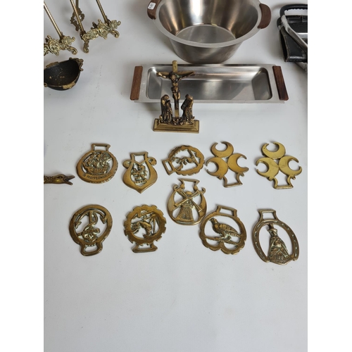 83 - Assorted metalware to include horse brasses, Danish stainless steel tray and bowl, pair of Rococo st... 