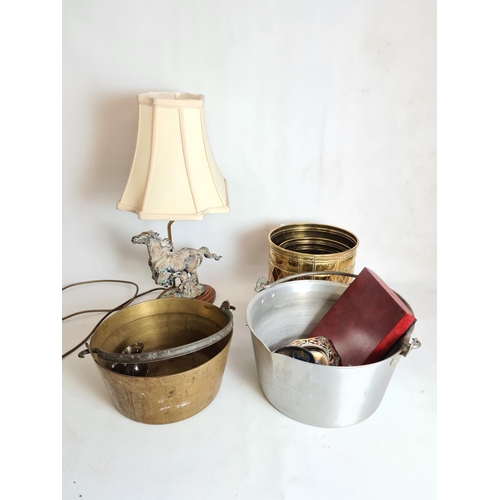 92 - Assorted metalware to include two brass planters, brass jam pan, Goodson Lighting Ltd. horse table l... 