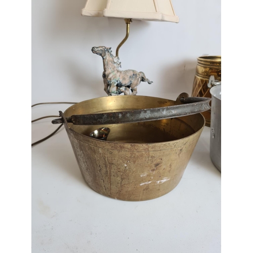 92 - Assorted metalware to include two brass planters, brass jam pan, Goodson Lighting Ltd. horse table l... 