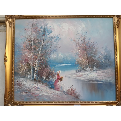 286 - An ornate framed pastel coloured oil on canvas of a lady holding bouquet of flowers by lake signed W... 