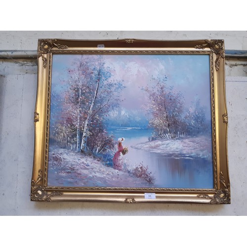 286 - An ornate framed pastel coloured oil on canvas of a lady holding bouquet of flowers by lake signed W... 