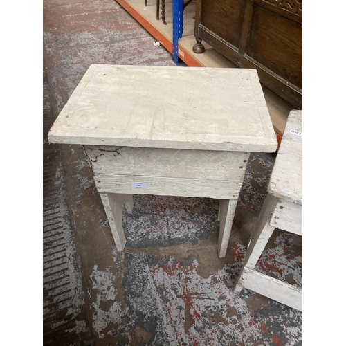 410 - Two primitive white painted elm kitchen stools