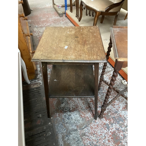 416 - Two antique side tables, one oak two tier and one stained oak barley twist table for restoration