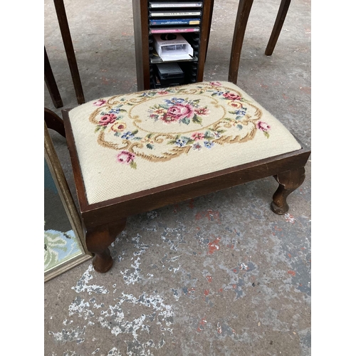 458 - Ten items, mahogany wine table with red leather insert, mahogany and tapestry footstool, mahogany ef... 