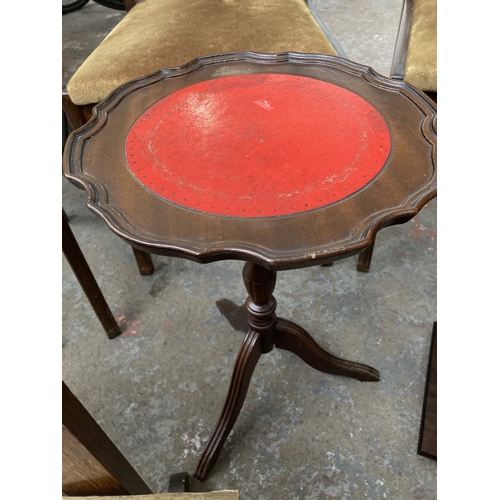 458 - Ten items, mahogany wine table with red leather insert, mahogany and tapestry footstool, mahogany ef... 