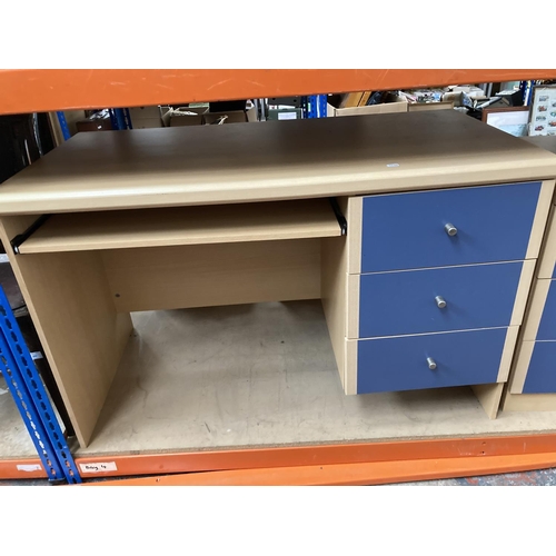 463 - A modern beech effect and blue painted office desk and matching chest of drawers